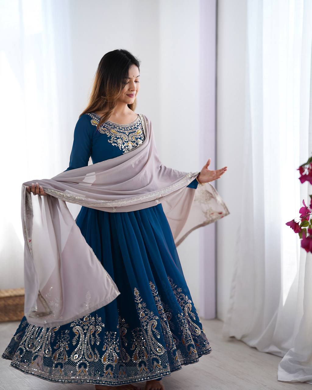 Reception Wear Navy Blue Color Embroidery Sequence Work Designer Gown