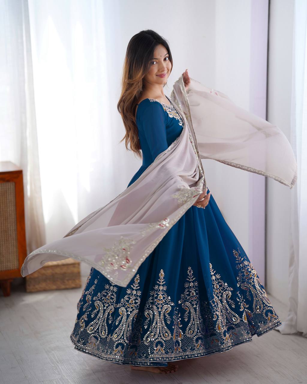 Reception Wear Navy Blue Color Embroidery Sequence Work Designer Gown