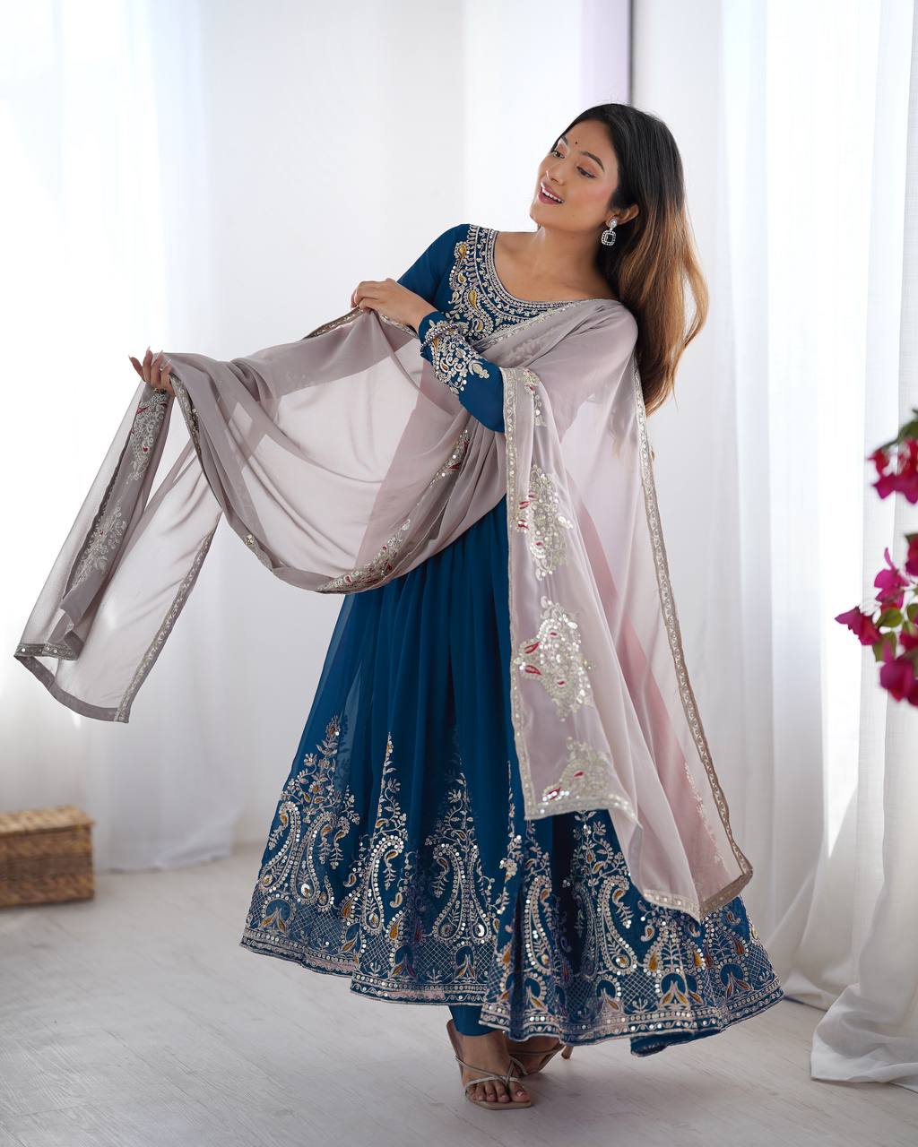 Reception Wear Navy Blue Color Embroidery Sequence Work Designer Gown
