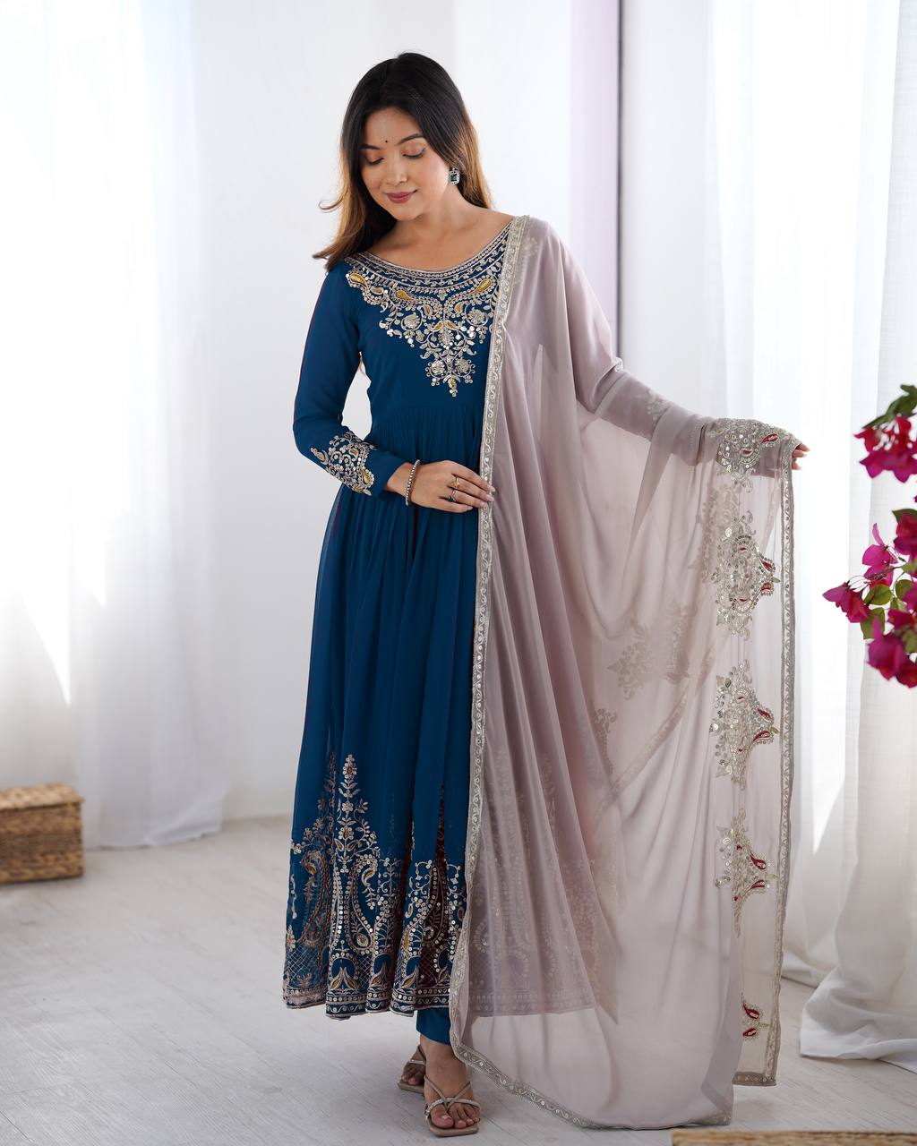 Reception Wear Navy Blue Color Embroidery Sequence Work Designer Gown