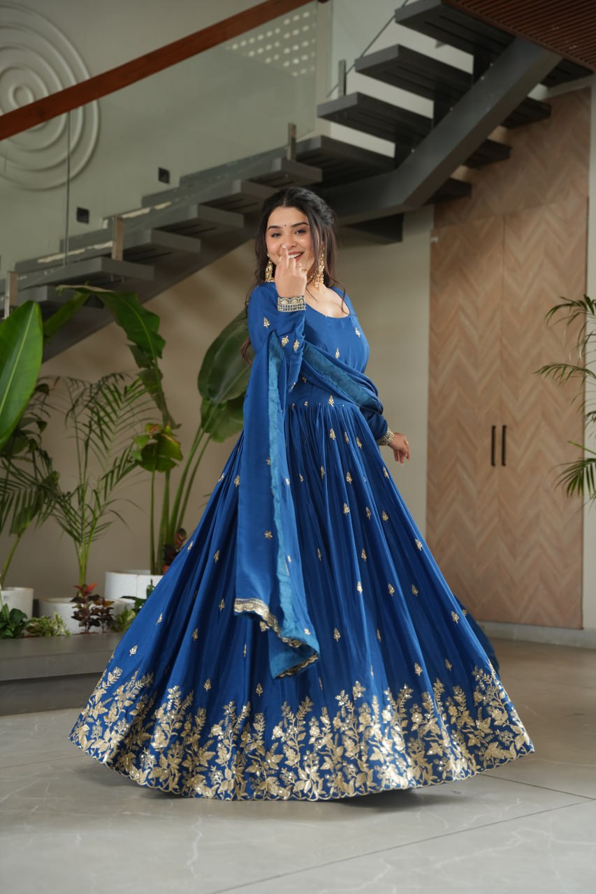 Blue Color Embroidered Designer Anarkali Gown