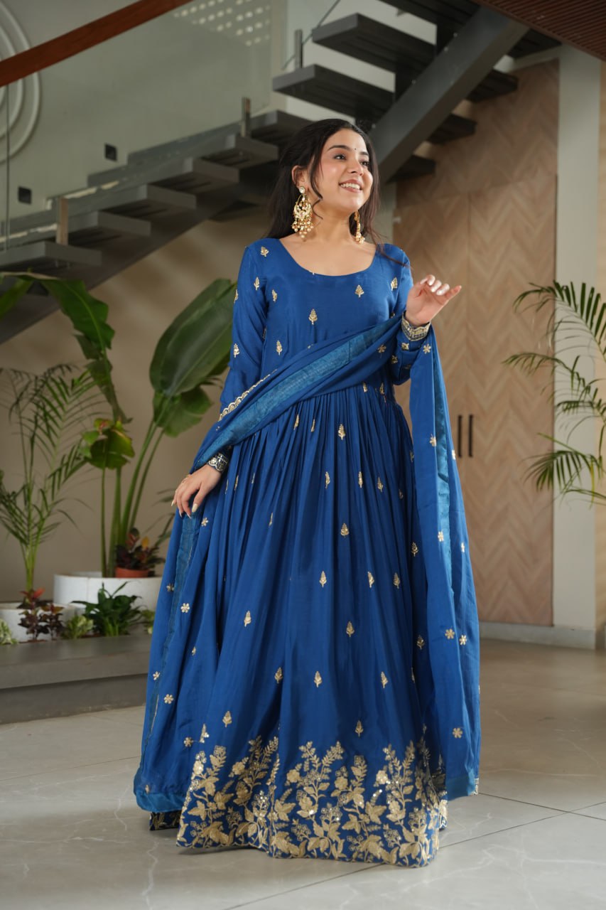 Blue Color Embroidered Designer Anarkali Gown