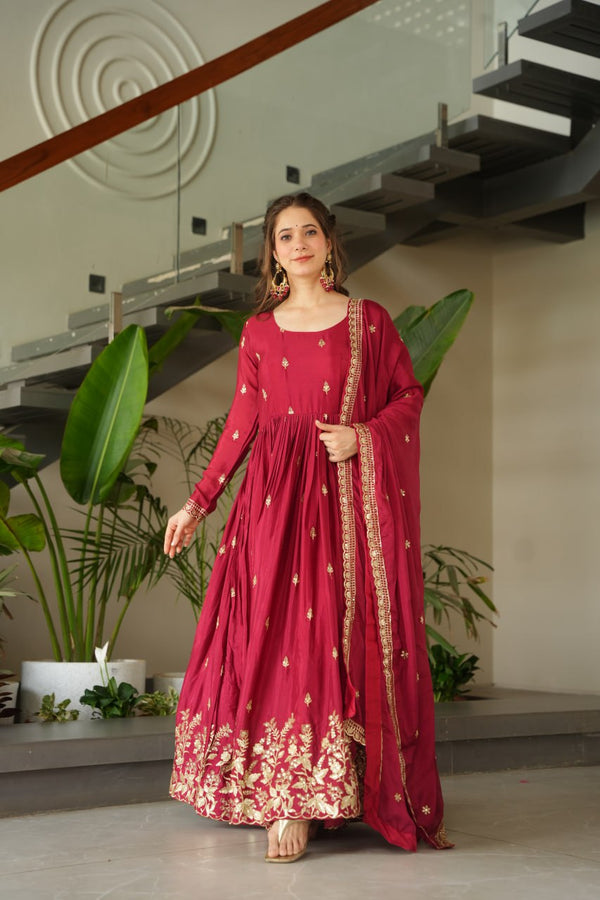 Maroon Color Embroidered Designer Anarkali Gown