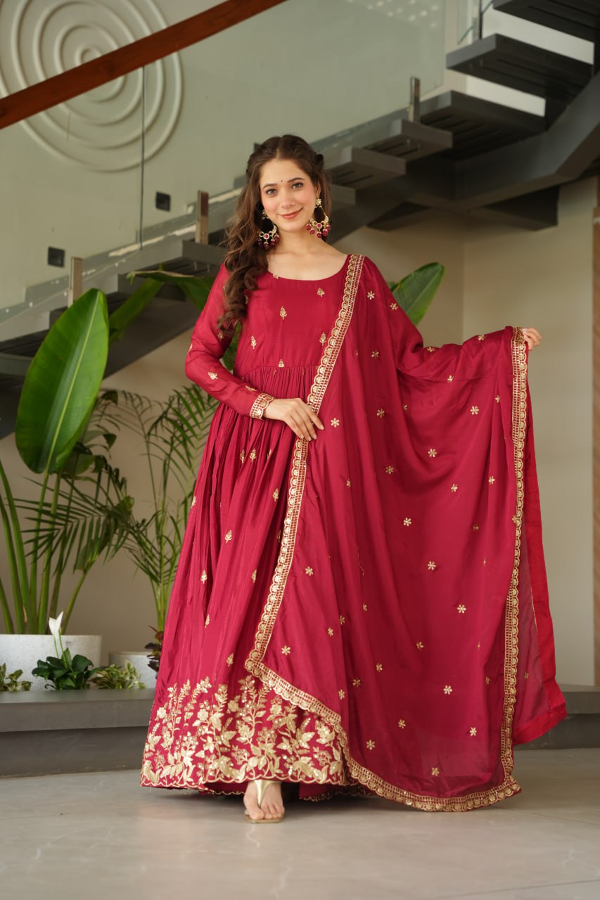 Maroon Color Embroidered Designer Anarkali Gown