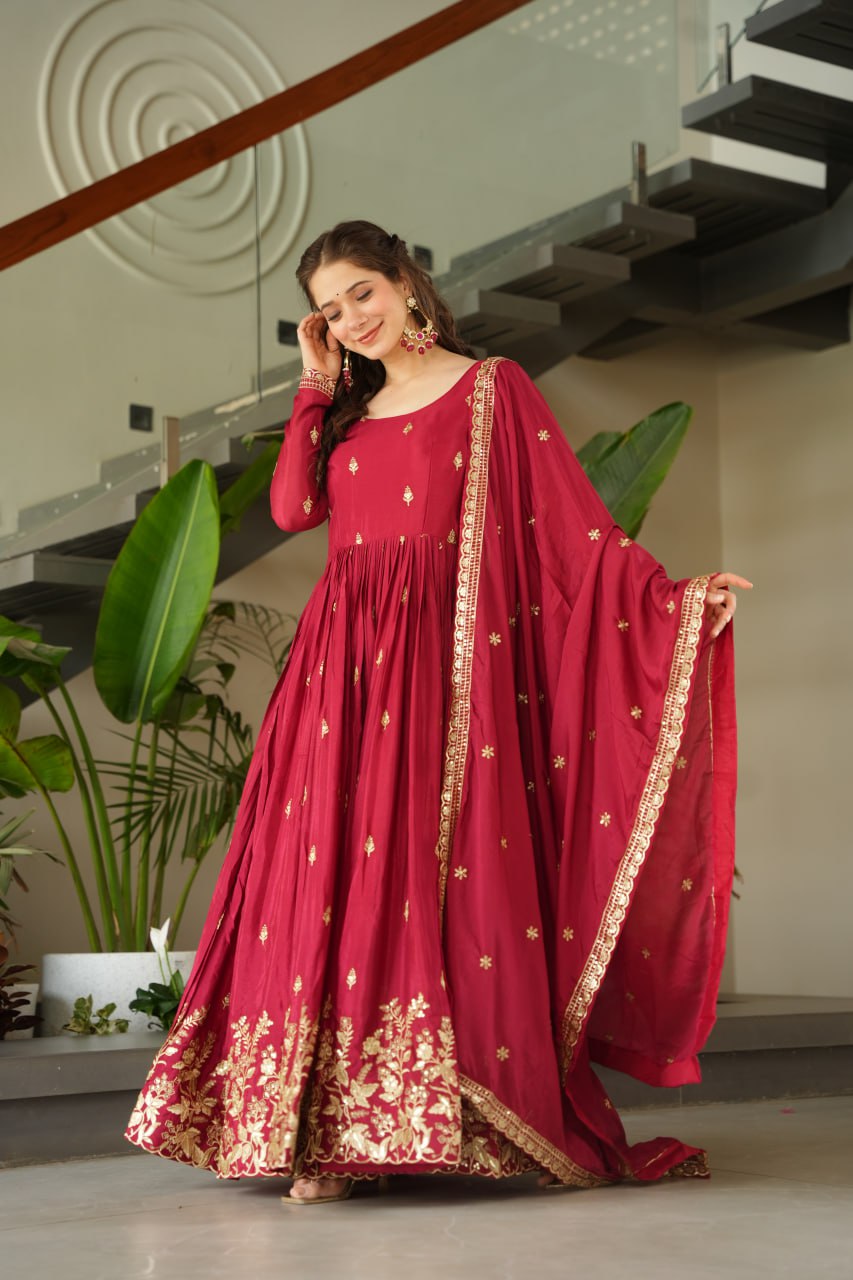 Maroon Color Embroidered Designer Anarkali Gown