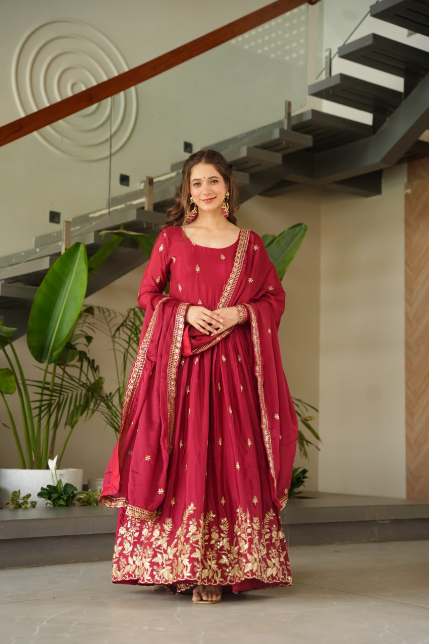 Maroon Color Embroidered Designer Anarkali Gown