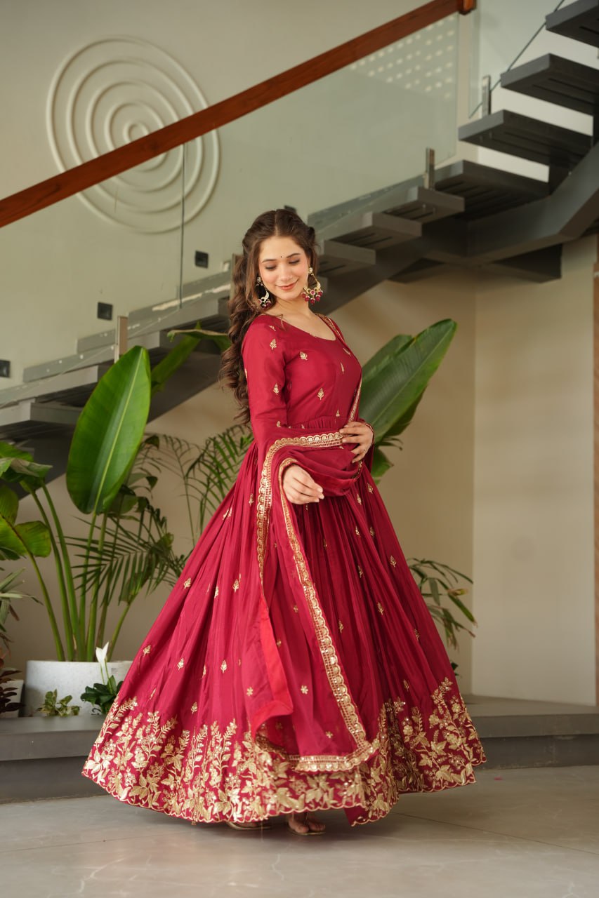 Maroon Color Embroidered Designer Anarkali Gown