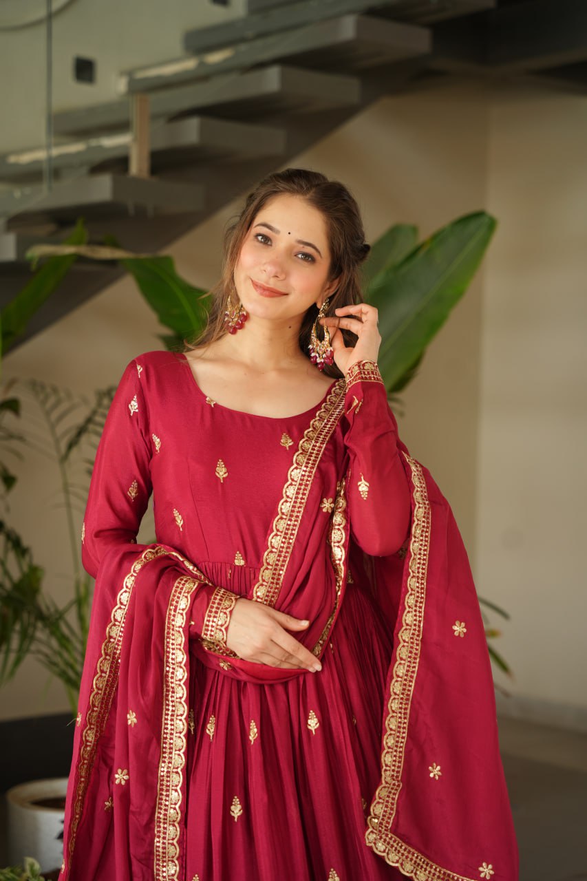 Maroon Color Embroidered Designer Anarkali Gown