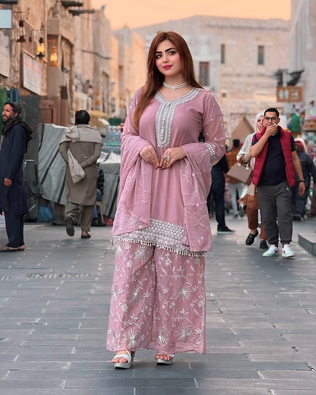Alluring Pink Color Embroidered Designer Palazzo Suit