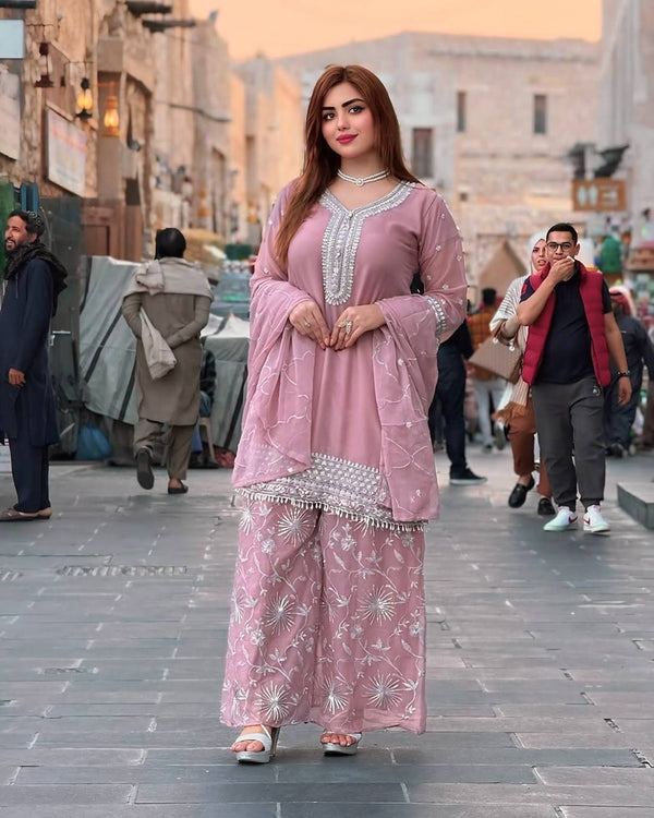 Alluring Pink Color Embroidered Designer Palazzo Suit