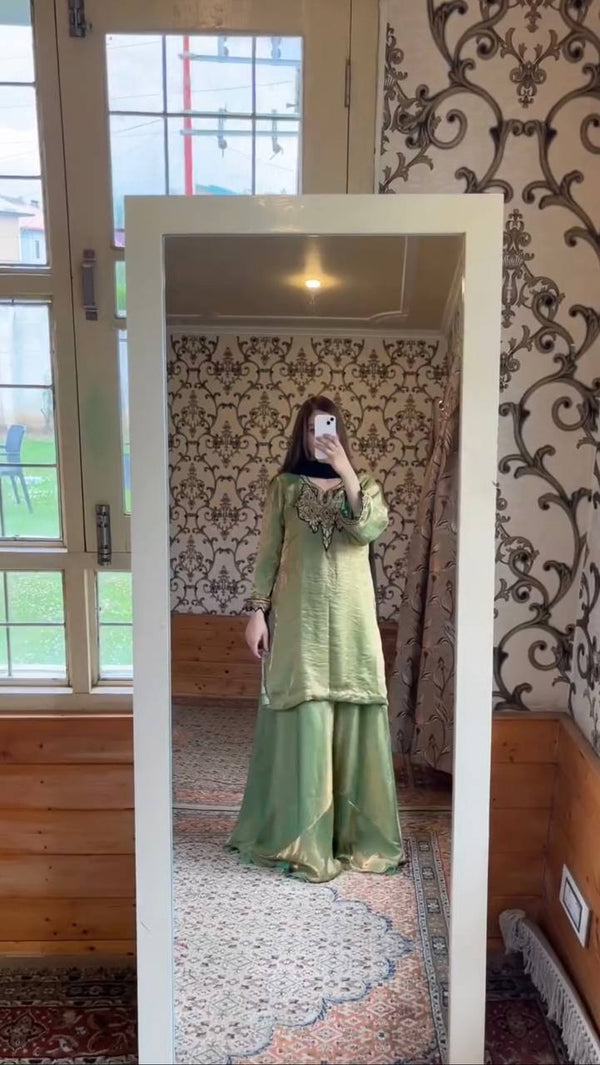 Party Wear Green Color Embroidered Ready To Wear Sharara Set