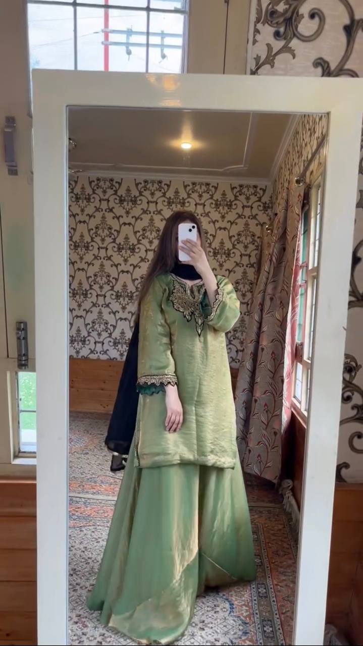 Party Wear Green Color Embroidered Ready To Wear Sharara Set