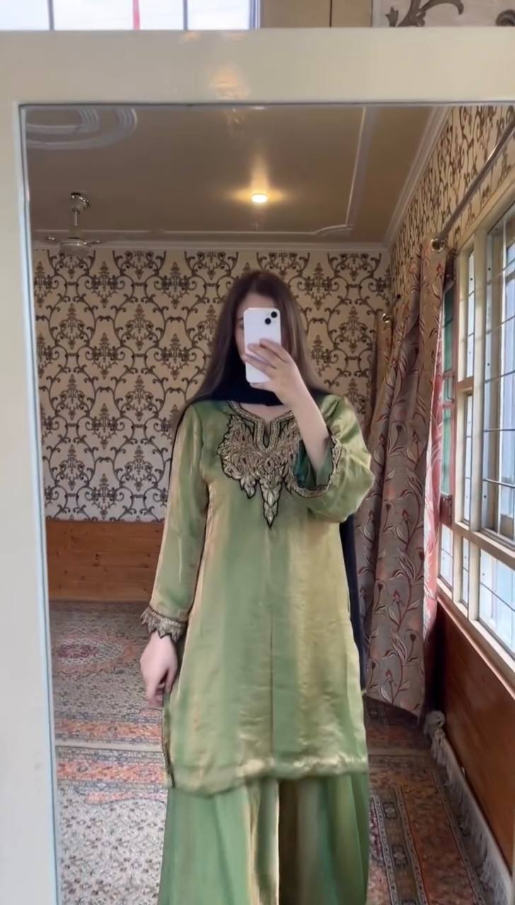Party Wear Green Color Embroidered Ready To Wear Sharara Set