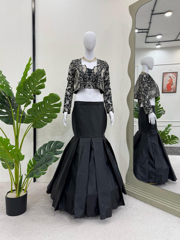 Classic Black Color Tapeta Silk And Thread With Sequence Work Lehenga Choli With Koti