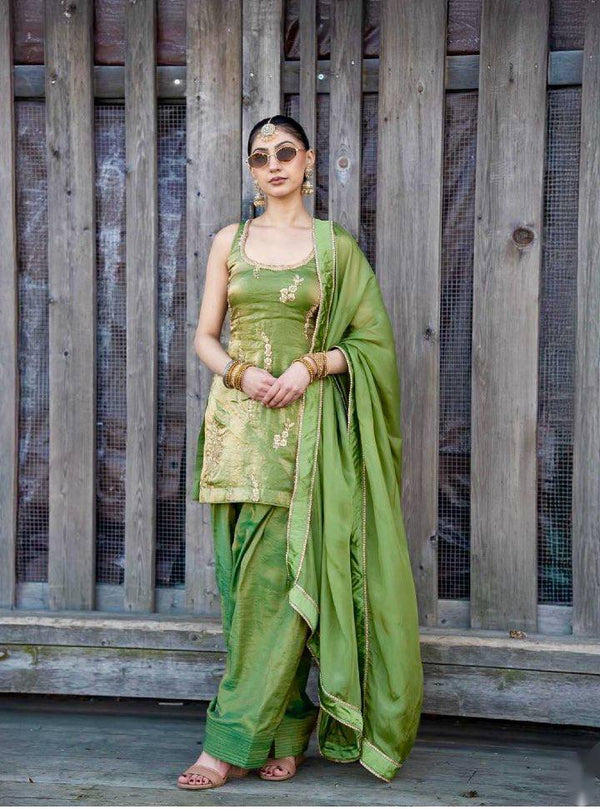 Designer Parrot Green Color Silk Embroidery Work Farshi Set