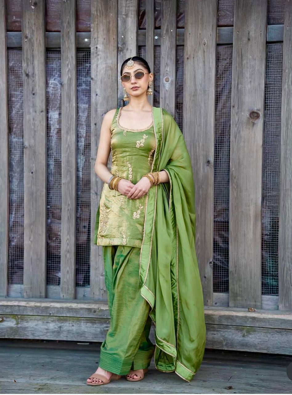 Designer Parrot Green Color Silk Embroidery Work Farshi Set