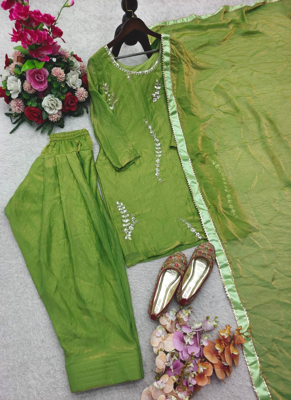 Designer Parrot Green Color Silk Embroidery Work Farshi Set