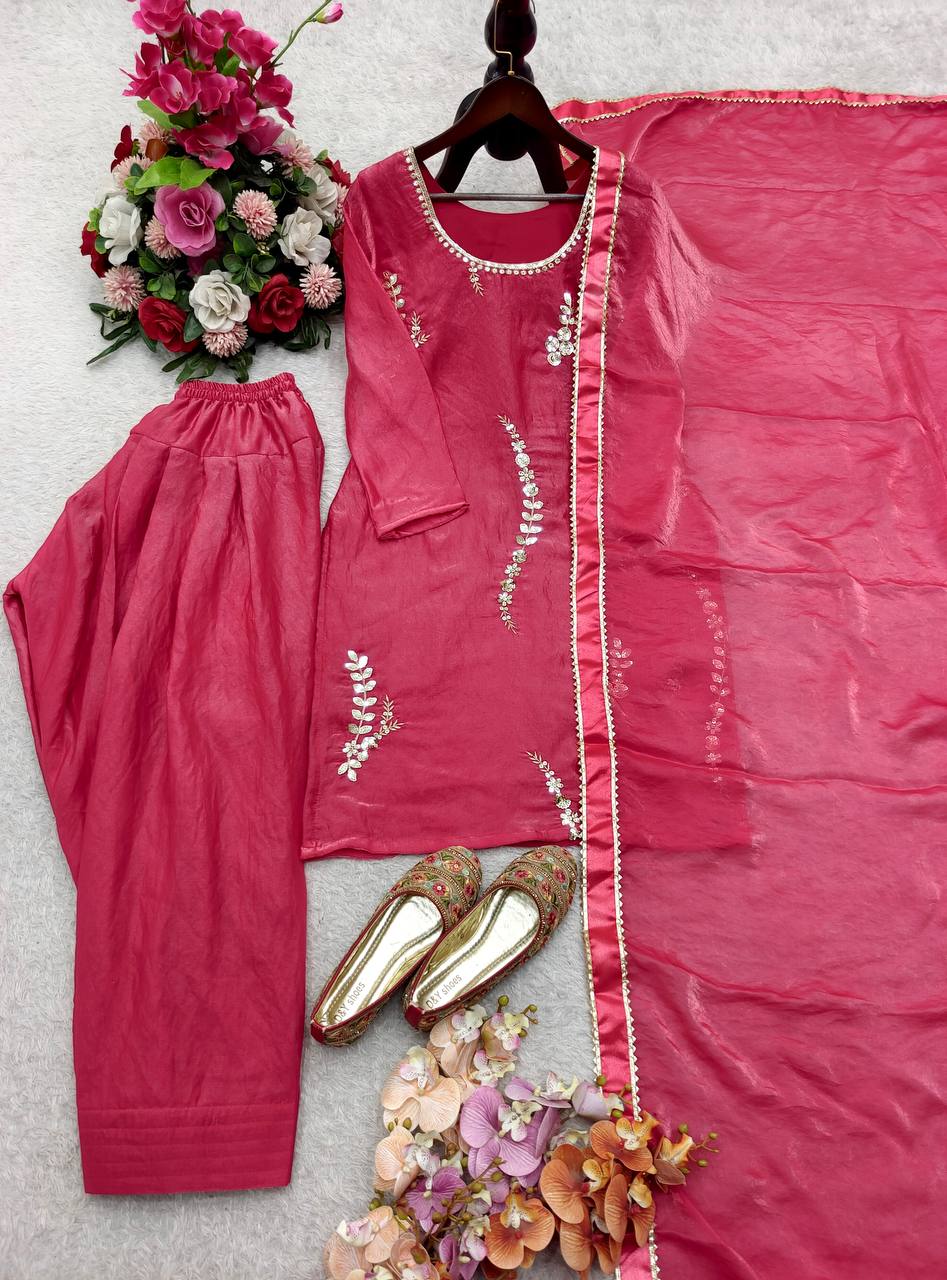 Designer Pink Color Silk Embroidery Work Farshi Set