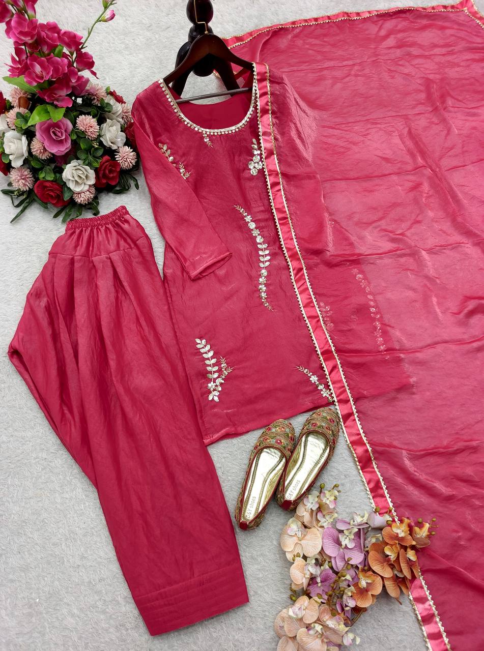 Designer Pink Color Silk Embroidery Work Farshi Set