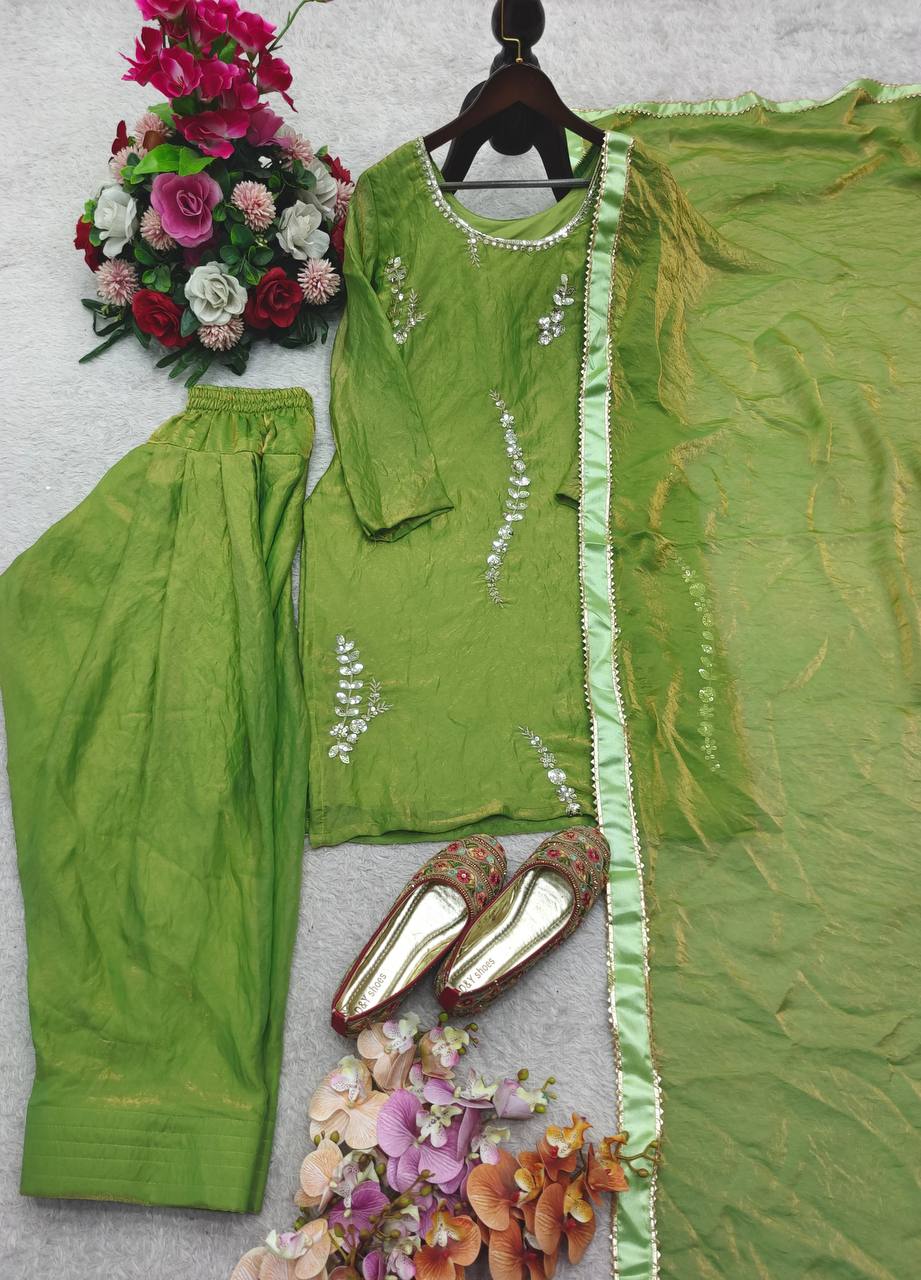 Designer Parrot Green Color Silk Embroidery Work Farshi Set