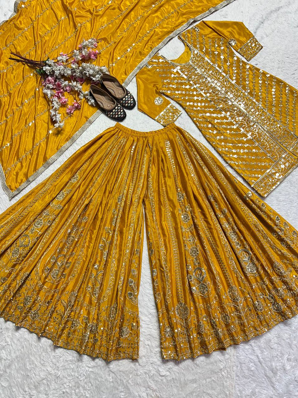Haldi Wear Yellow Color Heavy Faux Georgette With Embroidery Sequence Work Palazzo Suit