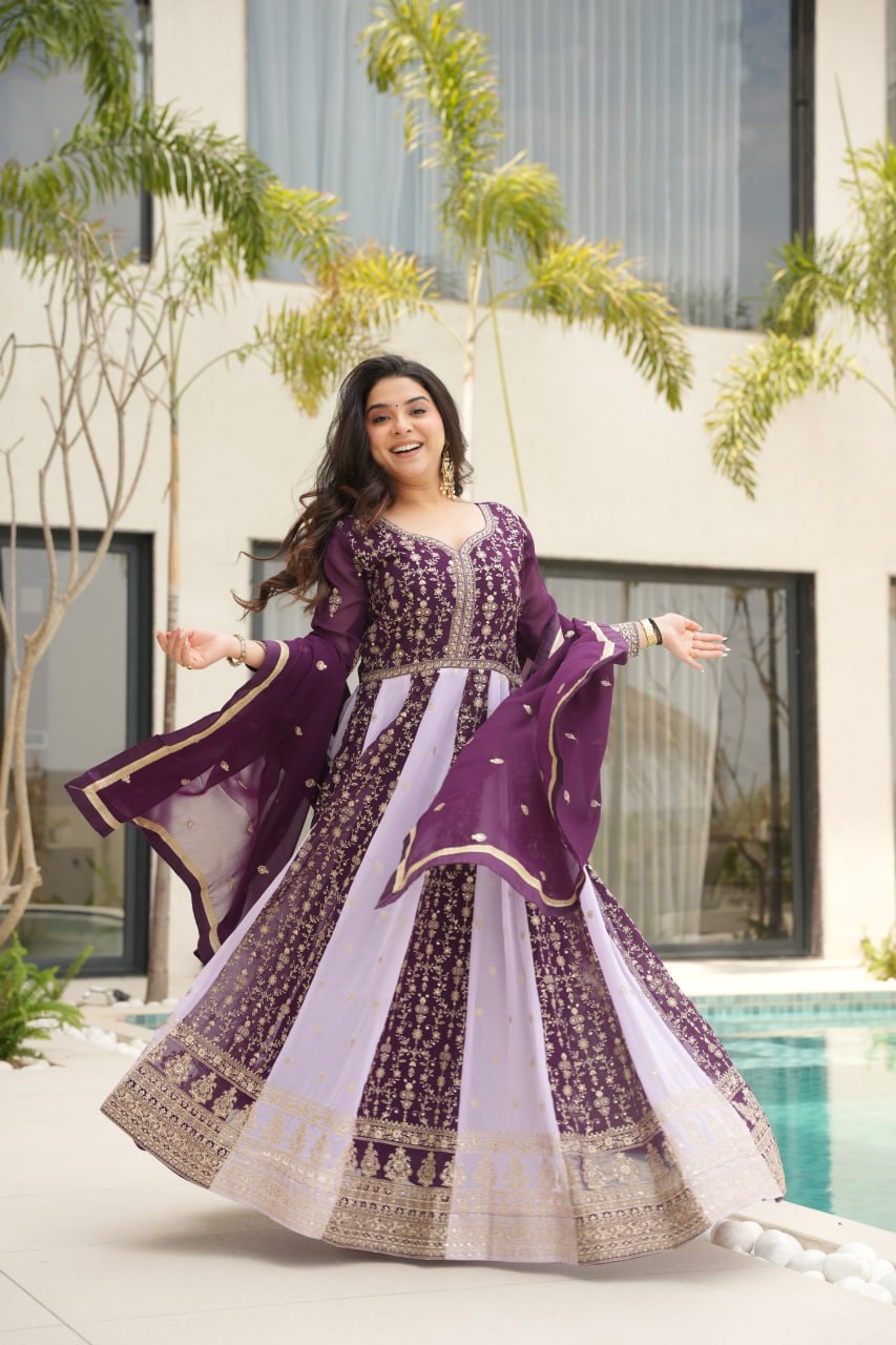Neha's Wear Purple Color Zari And Sequins Embroidered Designer Gown