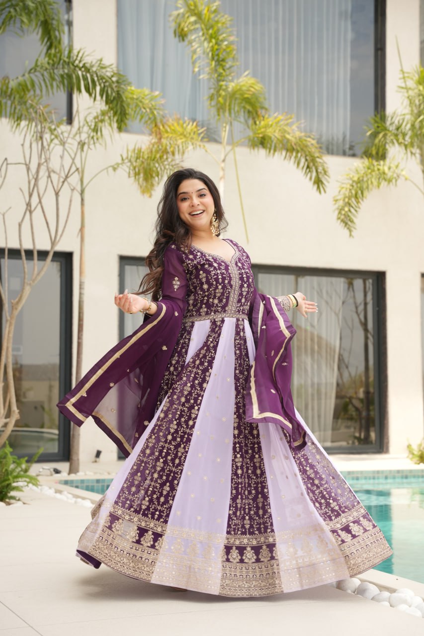Neha's Wear Purple Color Zari And Sequins Embroidered Designer Gown