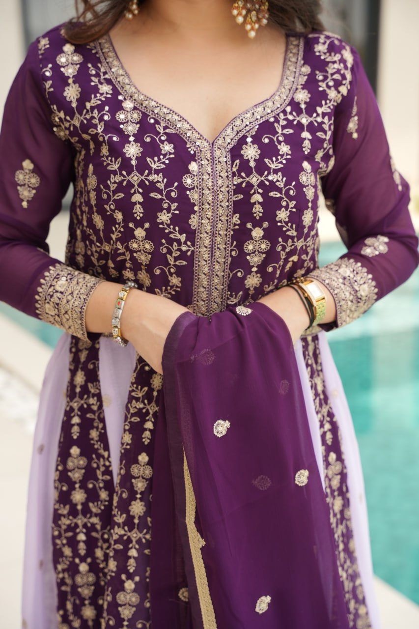 Neha's Wear Purple Color Zari And Sequins Embroidered Designer Gown