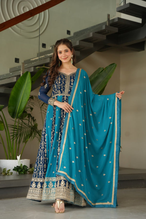 Party Wear Blue Color Zari And Sequins Embroidered Designer Gown