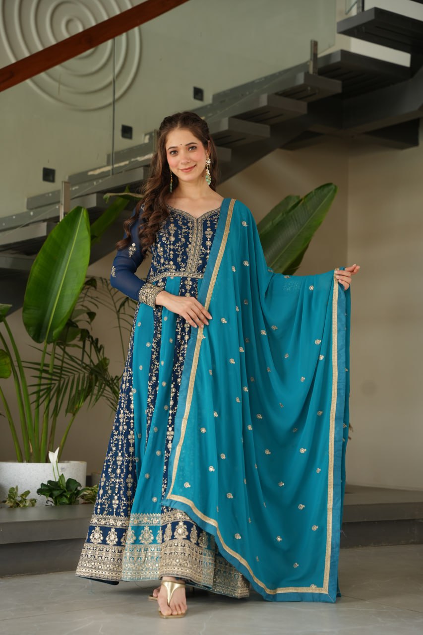 Party Wear Blue Color Zari And Sequins Embroidered Designer Gown