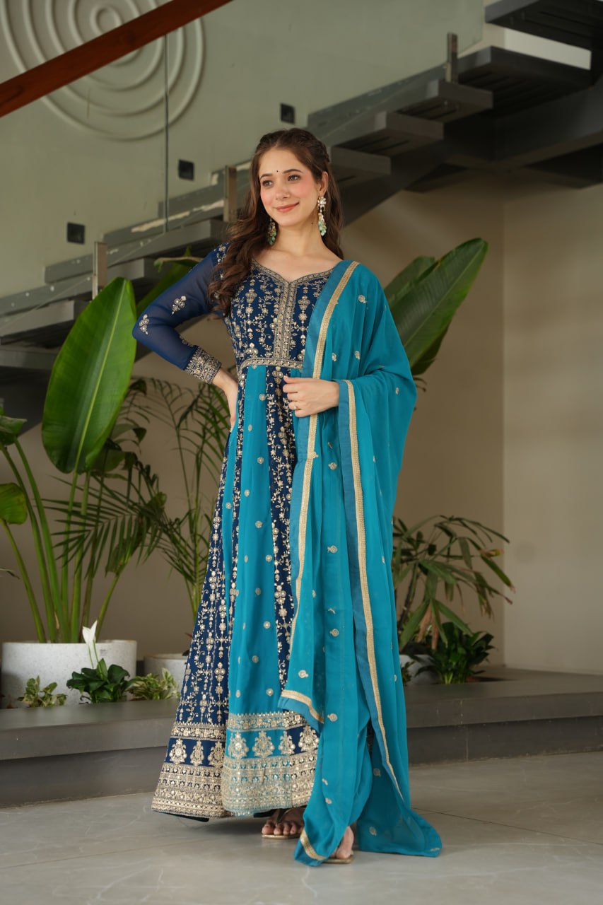 Party Wear Blue Color Zari And Sequins Embroidered Designer Gown
