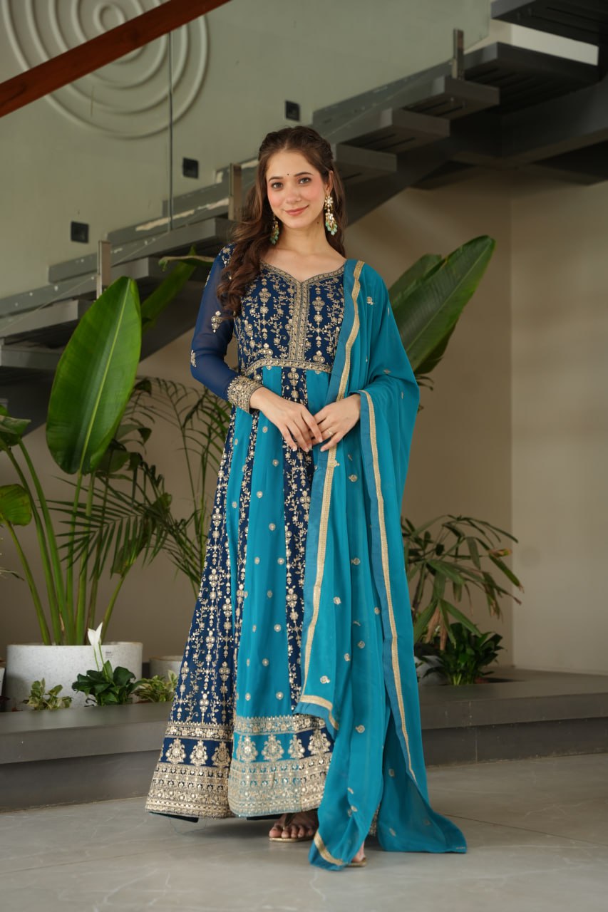 Party Wear Blue Color Zari And Sequins Embroidered Designer Gown