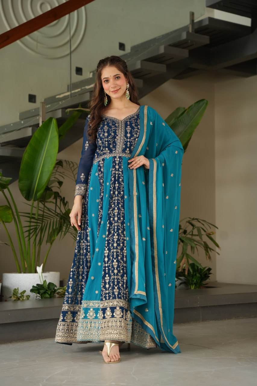 Party Wear Blue Color Zari And Sequins Embroidered Designer Gown