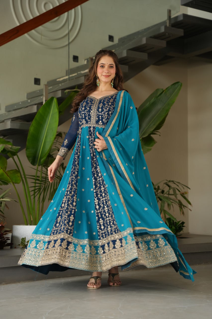 Party Wear Blue Color Zari And Sequins Embroidered Designer Gown