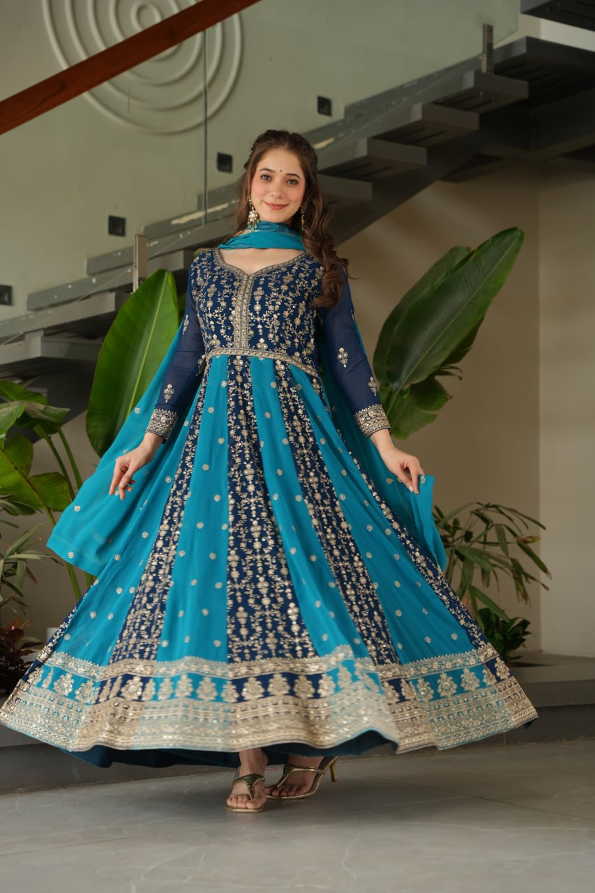Party Wear Blue Color Zari And Sequins Embroidered Designer Gown