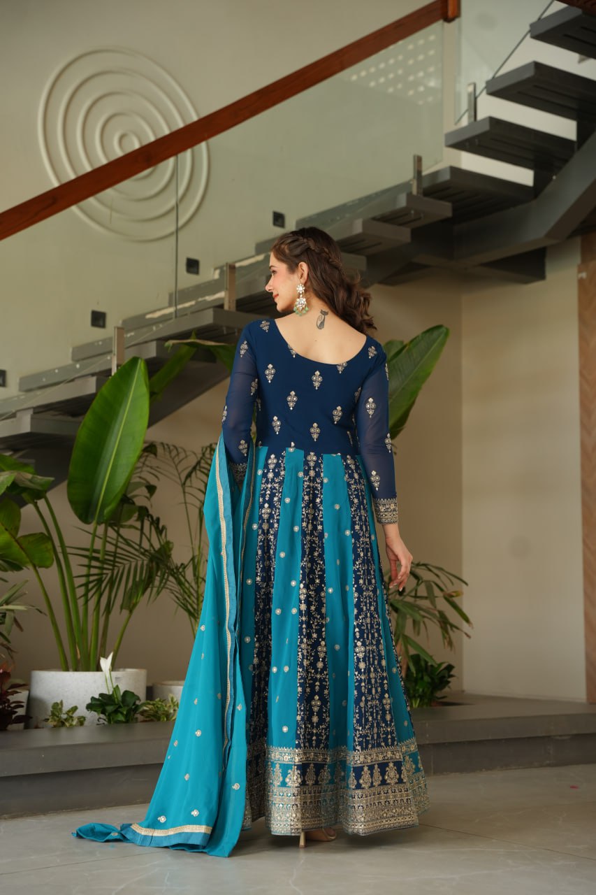 Party Wear Blue Color Zari And Sequins Embroidered Designer Gown