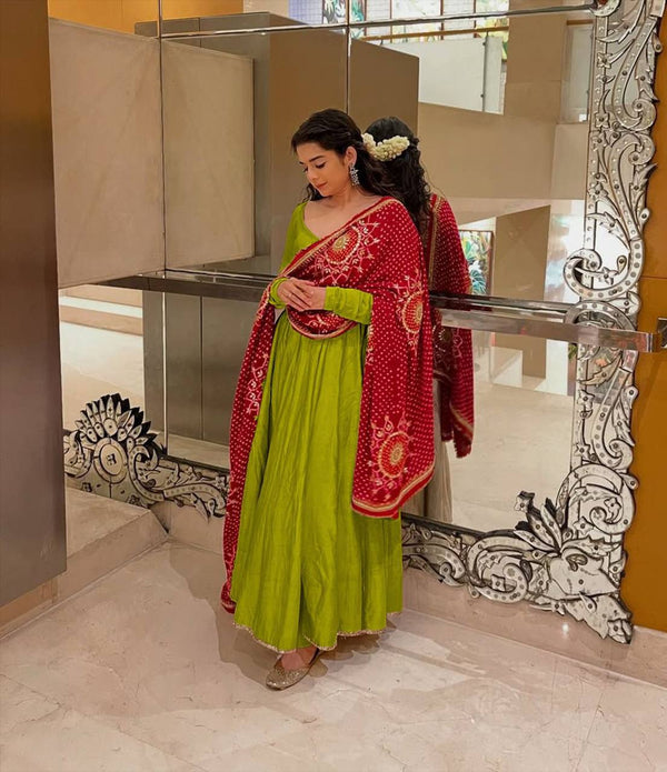 Designer Green Color Gown With Bandhani Printed Dupatta Set