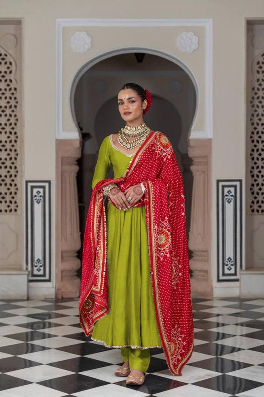 Designer Green Color Gown With Bandhani Printed Dupatta Set