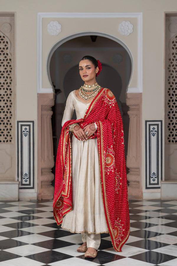 Designer Beige Color Gown With Bandhani Printed Dupatta Set
