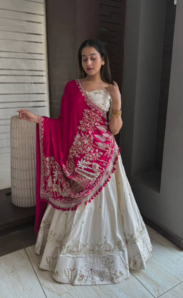 Wedding Wear Off White Color Vichitra Silk Lehenga Choli