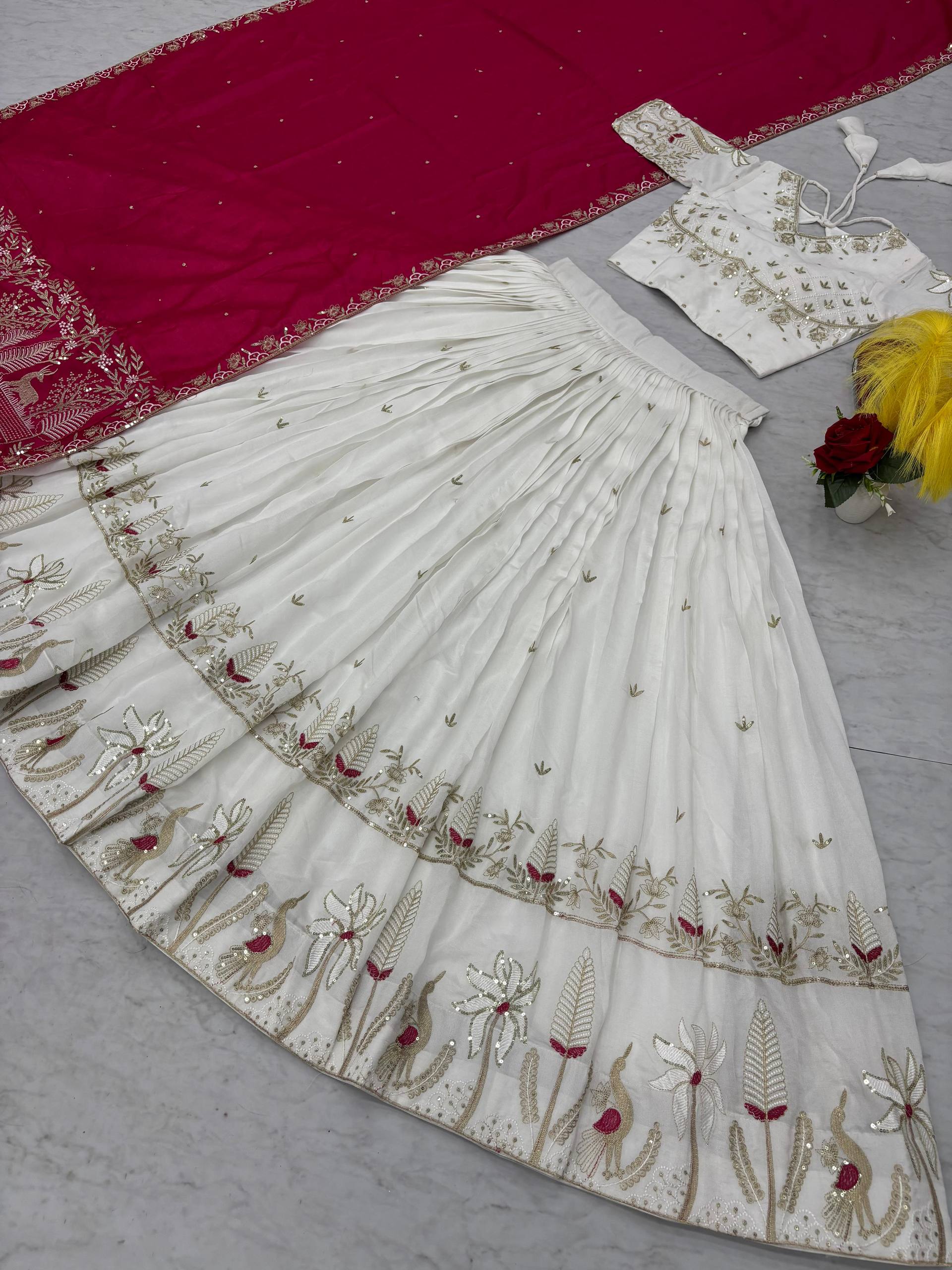 Wedding Wear Off White Color Vichitra Silk Lehenga Choli