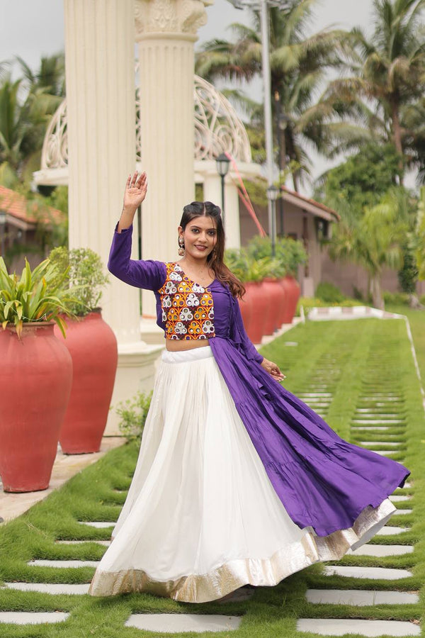 Navratri Wear Blue Color Gamathi And Mirror Work Fully Stitched Lehenga Choli