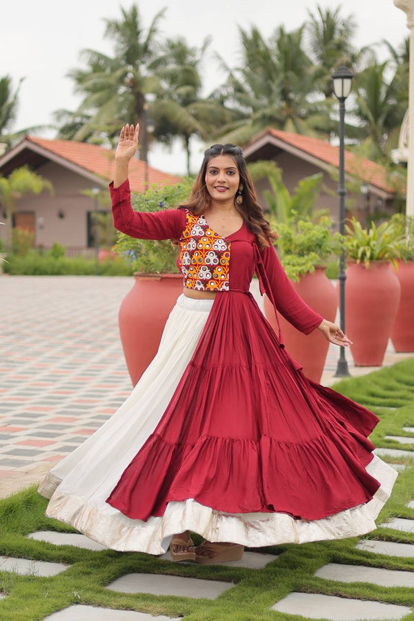 Navratri Wear Maroon Color Gamathi And Mirror Work Fully Stitched Lehenga Choli
