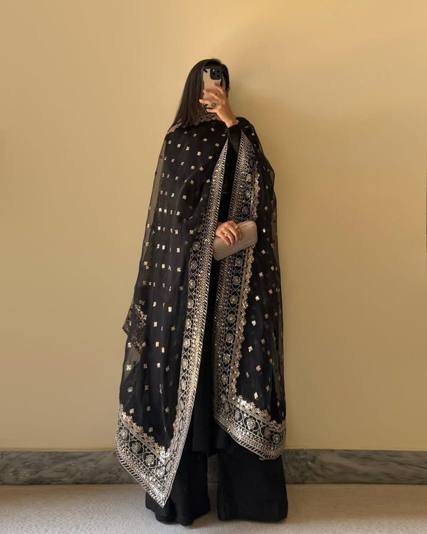 Party Wear Black Color Chinon Silk Suit With Thread And Sequence Work Dupatta