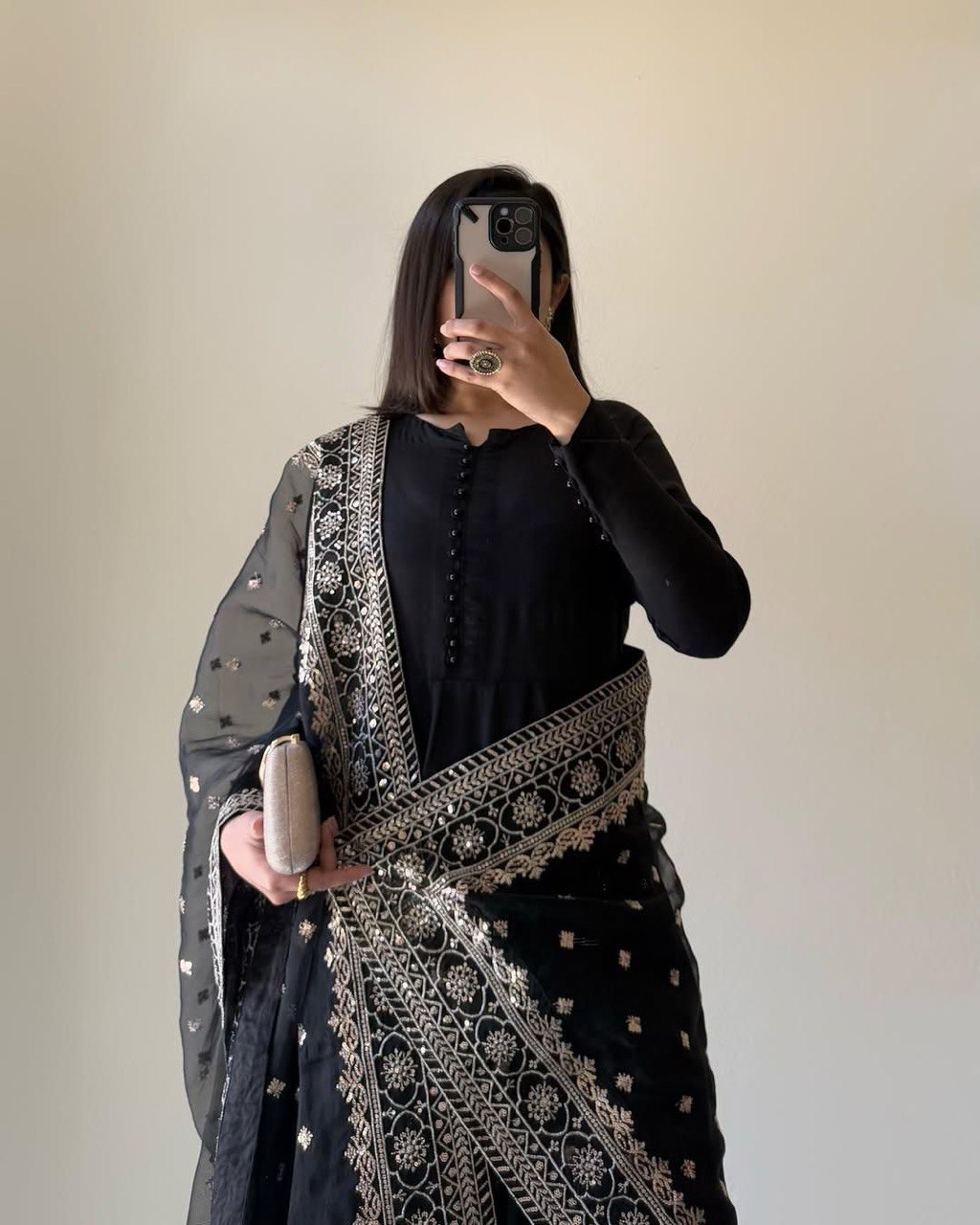 Party Wear Black Color Chinon Silk Suit With Thread And Sequence Work Dupatta