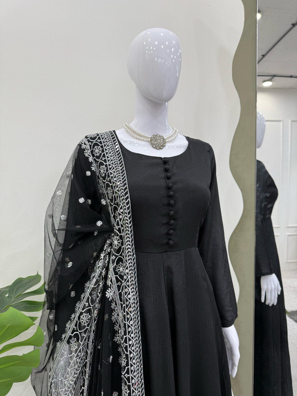 Party Wear Black Color Chinon Silk Suit With Thread And Sequence Work Dupatta