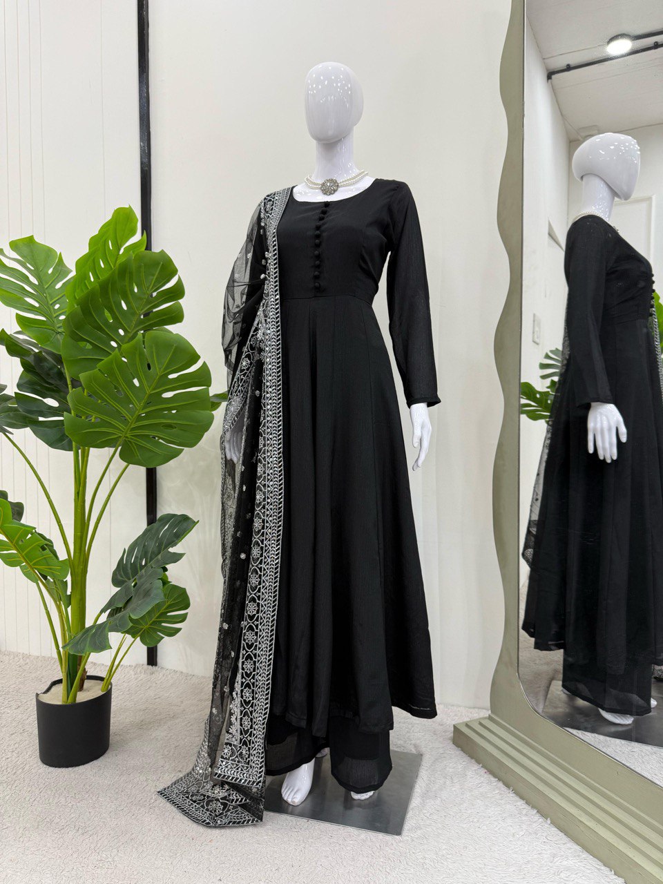 Party Wear Black Color Chinon Silk Suit With Thread And Sequence Work Dupatta