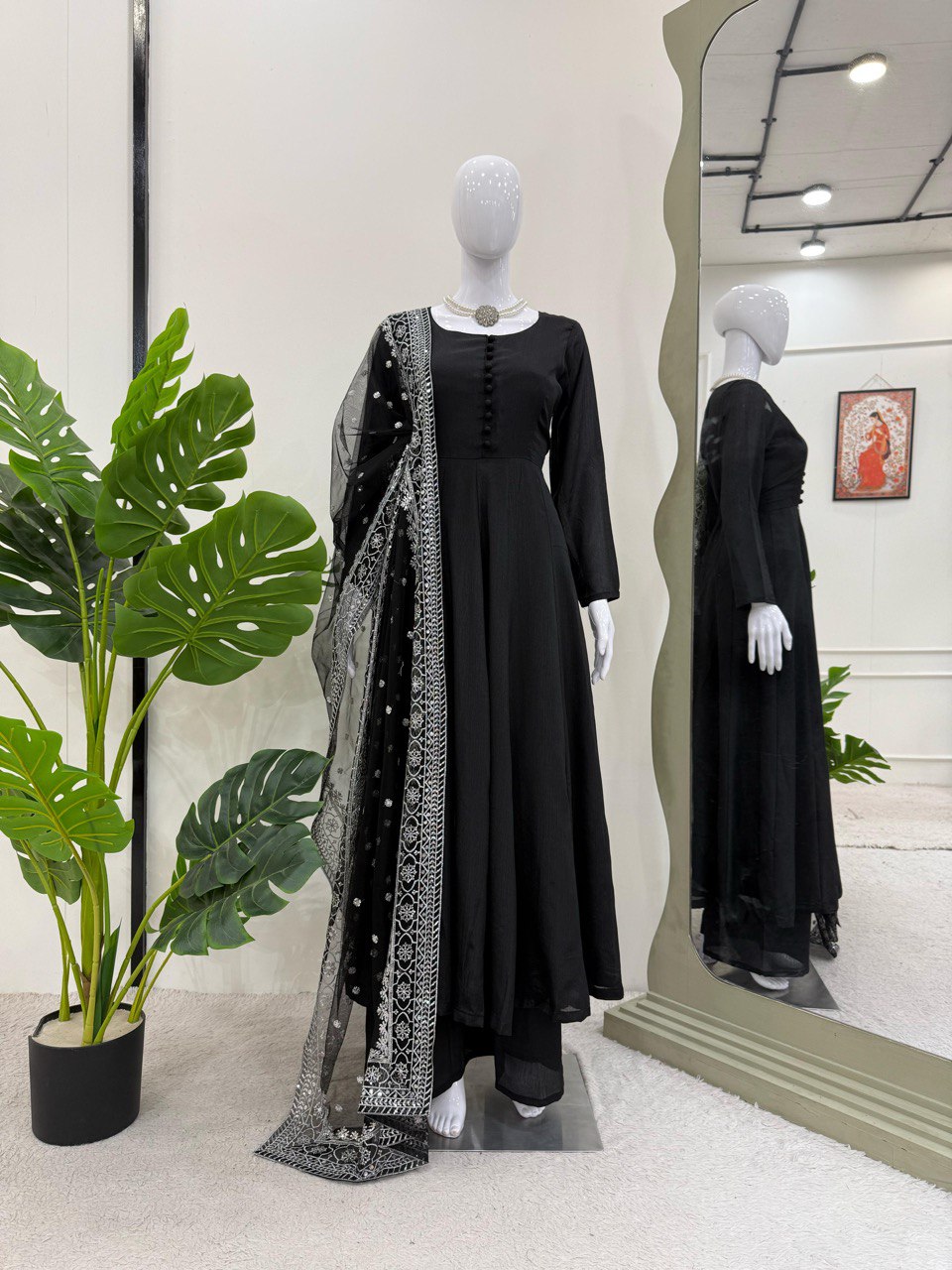 Party Wear Black Color Chinon Silk Suit With Thread And Sequence Work Dupatta