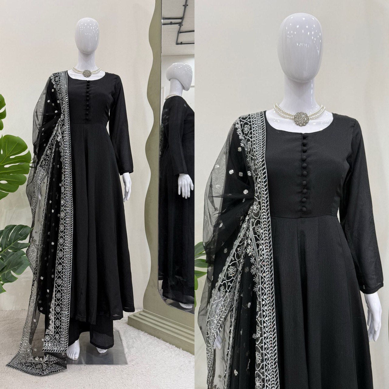 Party Wear Black Color Chinon Silk Suit With Thread And Sequence Work Dupatta