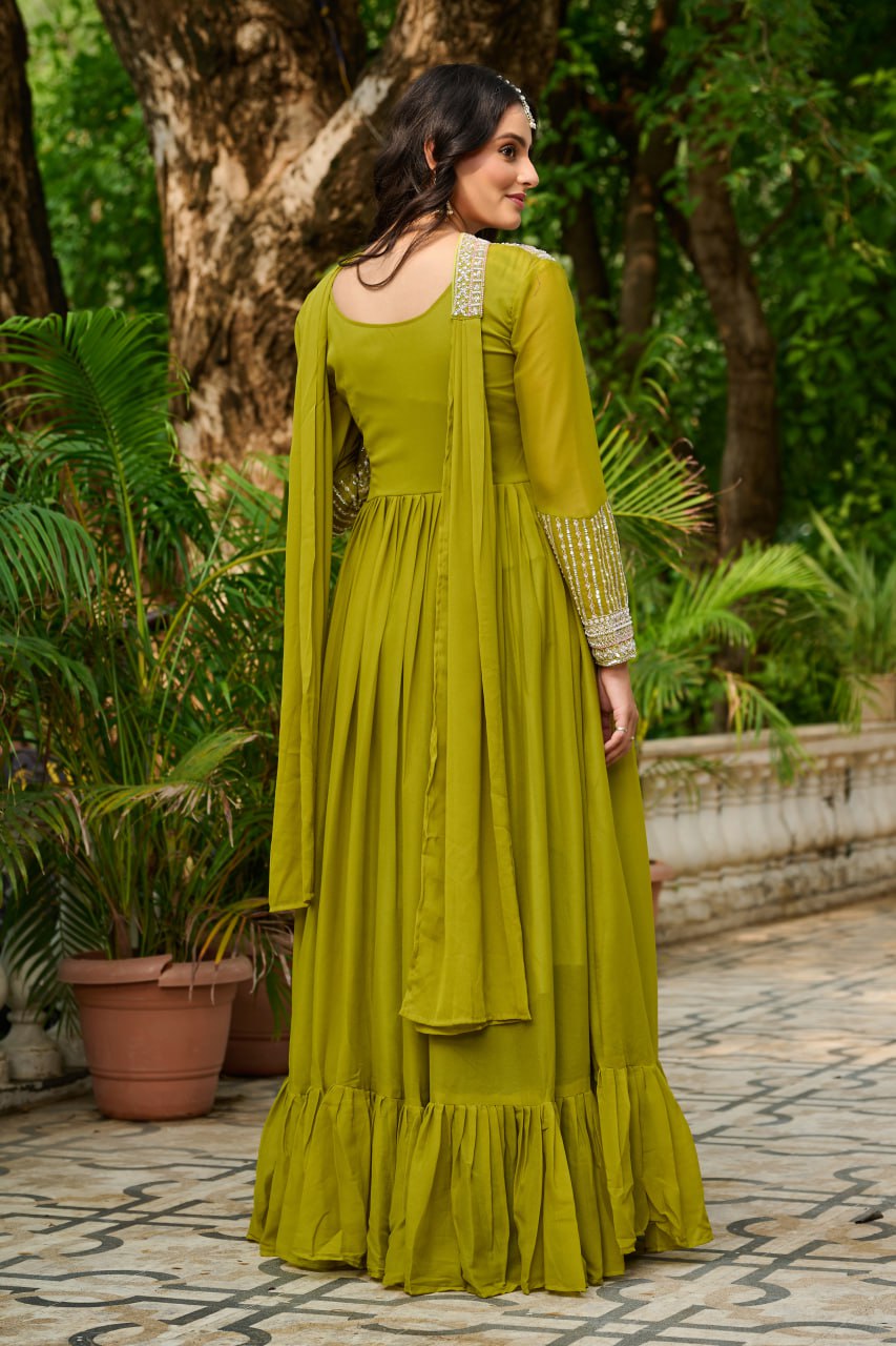 Green Color Embroidery Beads Sequins Work Designer Gown